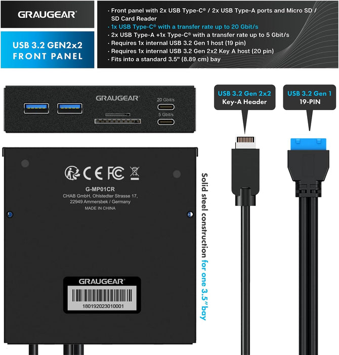 Graugear | 6 interfaces front panel in 3.5 inches | USB3.2 Gen2 2x2 Type-C up to 20 Gbit/s | 2x USB-A + USB-C | SD+microSD card reader | Key-A 20-pin & 19-pin header | Metal | G-MP01 CR