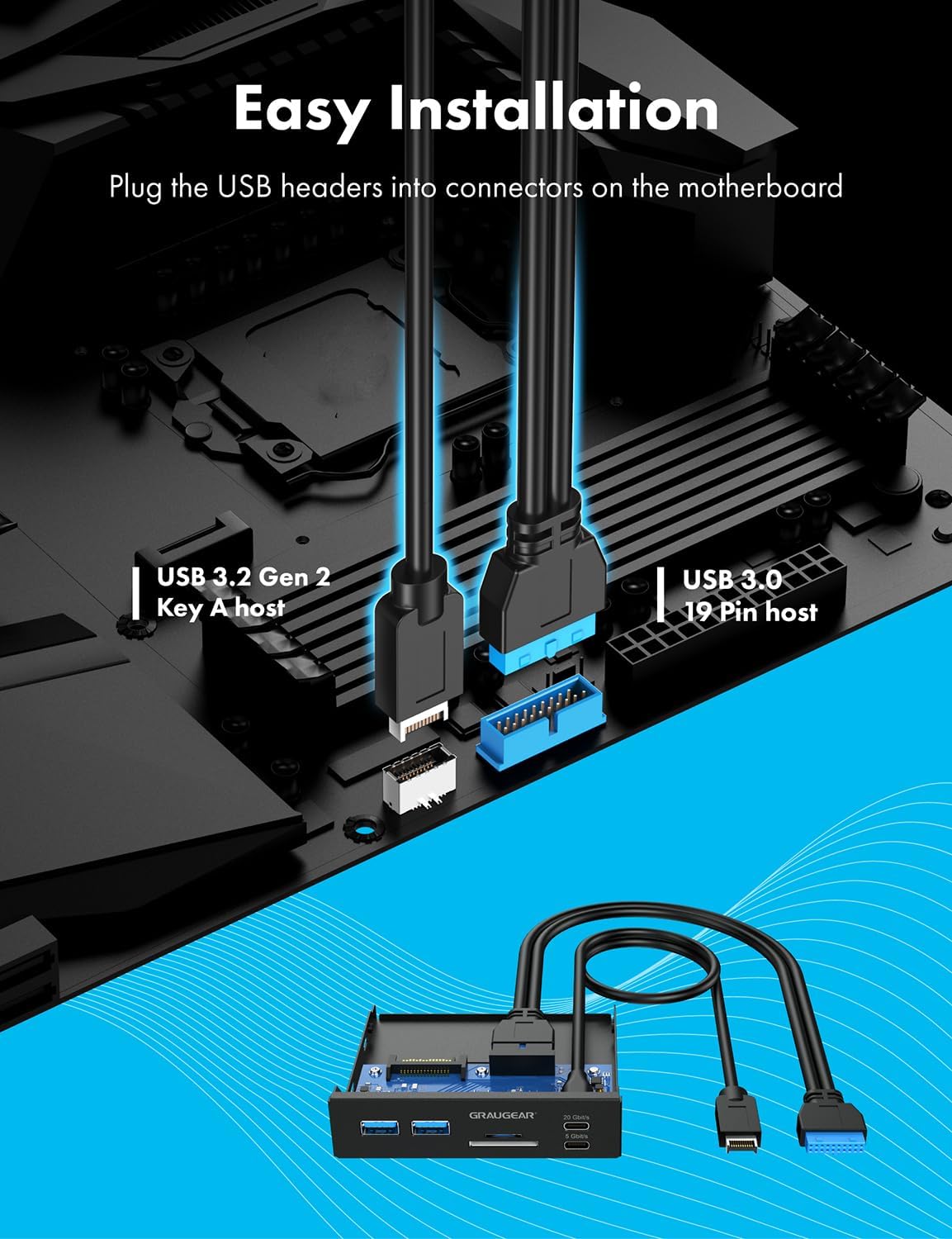 Graugear | 6 interfaces front panel in 3.5 inches | USB3.2 Gen2 2x2 Type-C up to 20 Gbit/s | 2x USB-A + USB-C | SD+microSD card reader | Key-A 20-pin & 19-pin header | Metal | G-MP01 CR