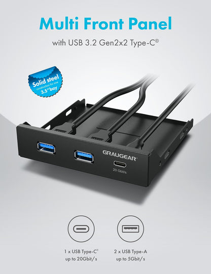 GRAUGEAR USB-C  Frontpanel, 3,5 Zoll USB-HUB mit 1x USB 3.2 Gen2x2 Type-C 20 Gbps & 2X USB-A, Robuste Metall-PC-Frontblende, Schnelle Datenübertragung, Einfache Installation