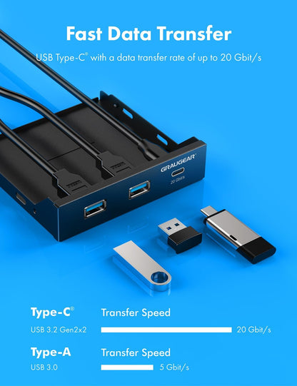 GRAUGEAR USB-C  Frontpanel, 3,5 Zoll USB-HUB mit 1x USB 3.2 Gen2x2 Type-C 20 Gbps & 2X USB-A, Robuste Metall-PC-Frontblende, Schnelle Datenübertragung, Einfache Installation