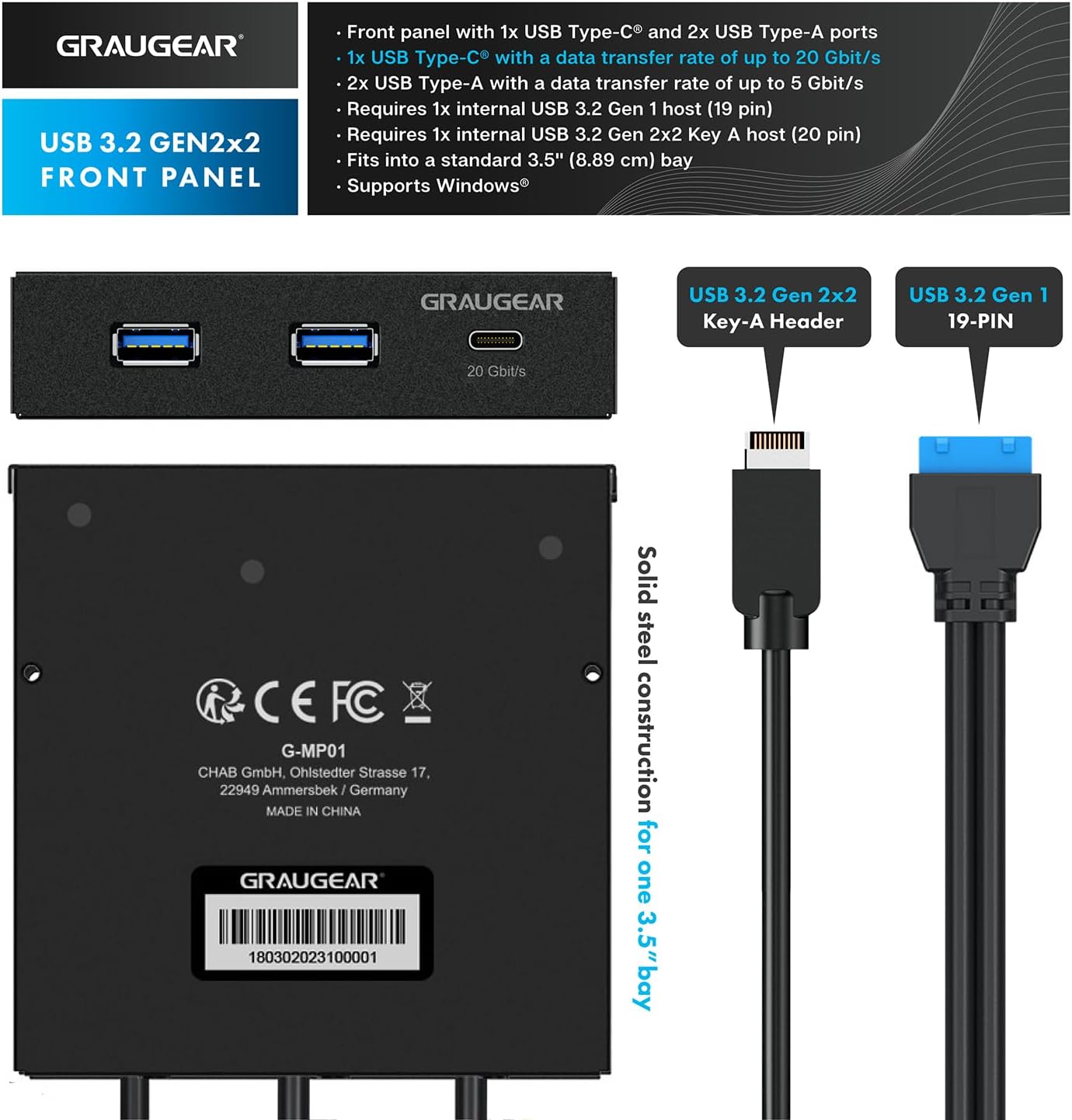 GRAUGEAR USB-C  Frontpanel, 3,5 Zoll USB-HUB mit 1x USB 3.2 Gen2x2 Type-C 20 Gbps & 2X USB-A, Robuste Metall-PC-Frontblende, Schnelle Datenübertragung, Einfache Installation