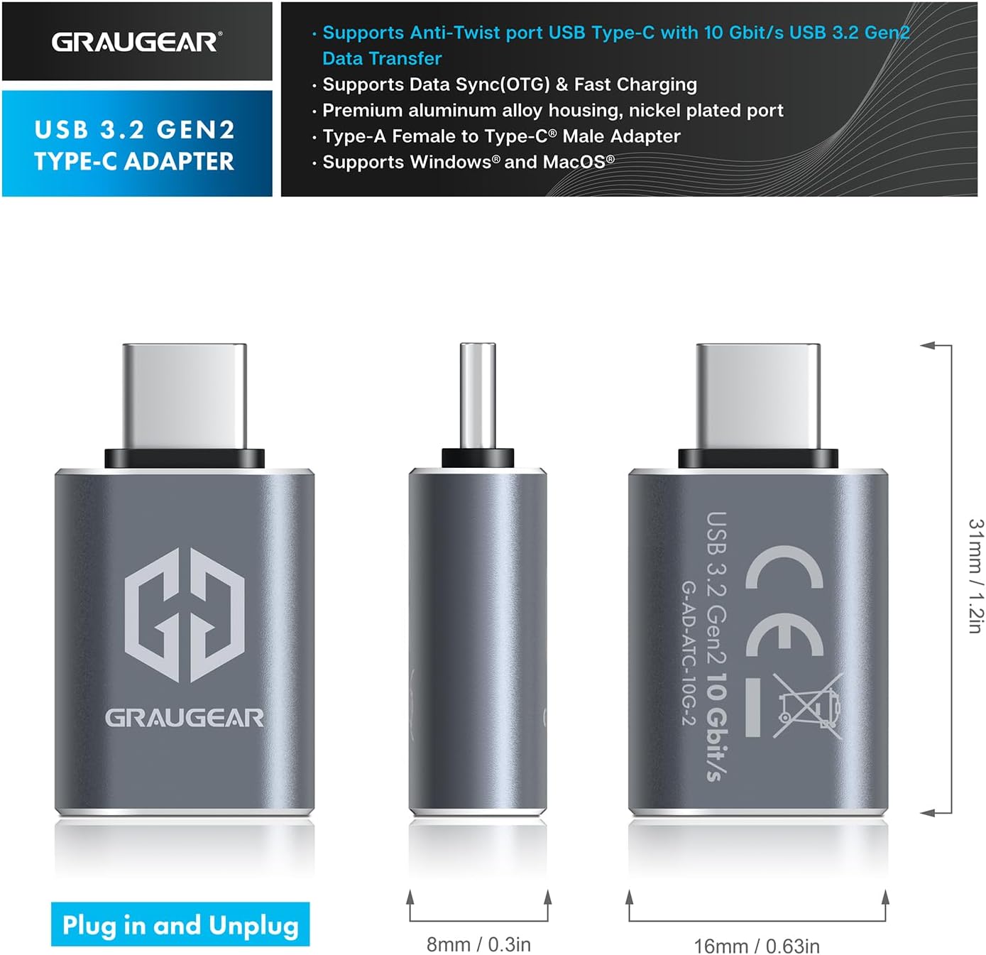 GRAUGEAR | 2 pieces | USB to USB-C adapter | Double sides USB-C | 10 Gbit/s data transfer USB 3.2 Gen 2 | Type-A female to Type-C® male | USB-C to USB 3.1 Gen2 | G-AD-ATC-10G-2