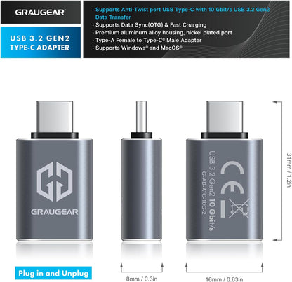 GRAUGEAR | 2 pieces | USB to USB-C adapter | Double sides USB-C | 10 Gbit/s data transfer USB 3.2 Gen 2 | Type-A female to Type-C® male | USB-C to USB 3.1 Gen2 | G-AD-ATC-10G-2
