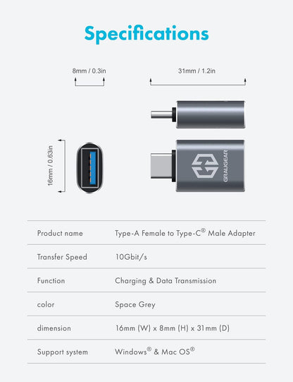 GRAUGEAR | 2 pieces | USB to USB-C adapter | Double sides USB-C | 10 Gbit/s data transfer USB 3.2 Gen 2 | Type-A female to Type-C® male | USB-C to USB 3.1 Gen2 | G-AD-ATC-10G-2
