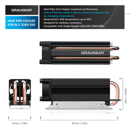GRAUGEAR G-M2HS05-F, M.2 Heatpipe Cooler with 4mm Copper Heatpipe, PWM Fan, 50% Temperature Reduction, Aluminium Heatsink, Compatible with Single/Dual-Sided 2280 NVMe SSDs