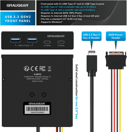 GRAUGEAR Panel Frontal de 4 Puertos de 10 Gbit/s, 2 Puertos USB-C + 2 concentradores USB-A USB3.2 Gen2, Panel Frontal para Ranura de 3.5 Pulgadas, Cabezal USB 3.2 Gen2 Clave A de 20 Pines, Metal