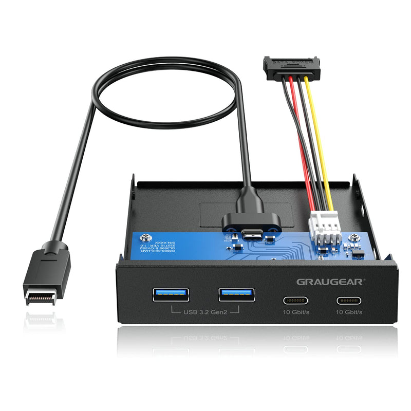 GRAUGEAR Panel Frontal de 4 Puertos de 10 Gbit/s, 2 Puertos USB-C + 2 concentradores USB-A USB3.2 Gen2, Panel Frontal para Ranura de 3.5 Pulgadas, Cabezal USB 3.2 Gen2 Clave A de 20 Pines, Metal