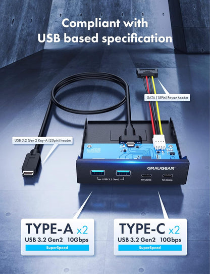 GRAUGEAR Panel Frontal de 4 Puertos de 10 Gbit/s, 2 Puertos USB-C + 2 concentradores USB-A USB3.2 Gen2, Panel Frontal para Ranura de 3.5 Pulgadas, Cabezal USB 3.2 Gen2 Clave A de 20 Pines, Metal