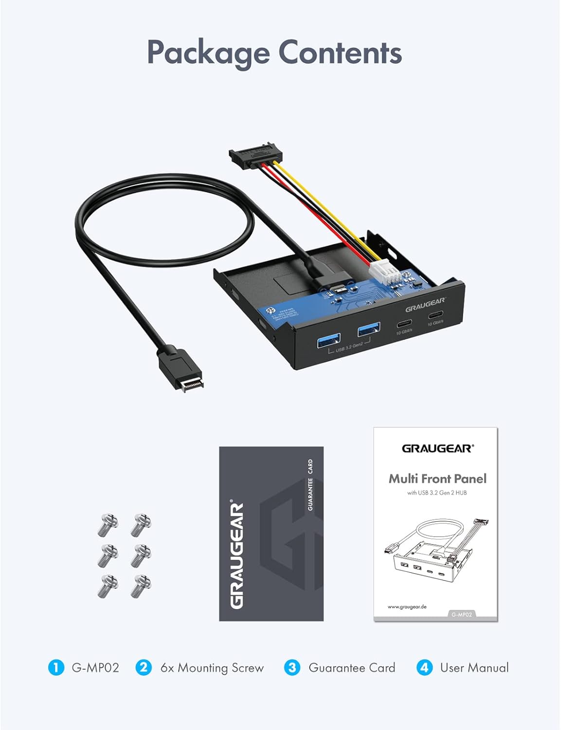 GRAUGEAR Panel Frontal de 4 Puertos de 10 Gbit/s, 2 Puertos USB-C + 2 concentradores USB-A USB3.2 Gen2, Panel Frontal para Ranura de 3.5 Pulgadas, Cabezal USB 3.2 Gen2 Clave A de 20 Pines, Metal