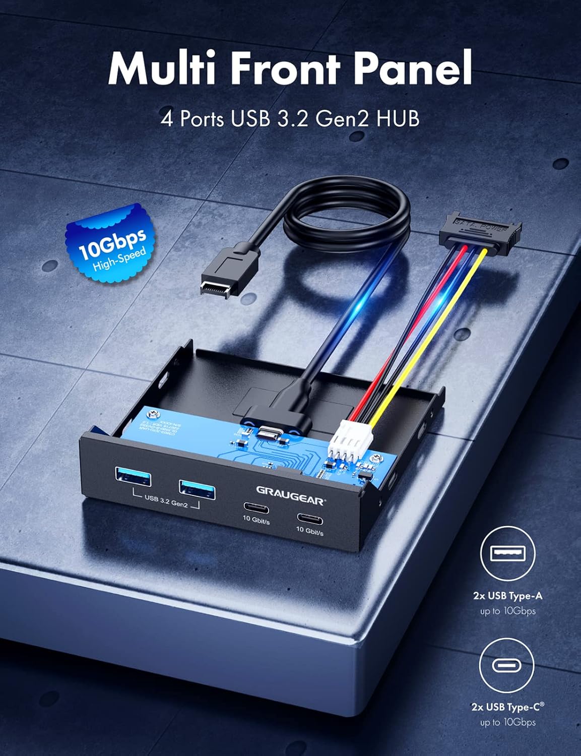 GRAUGEAR Panel Frontal de 4 Puertos de 10 Gbit/s, 2 Puertos USB-C + 2 concentradores USB-A USB3.2 Gen2, Panel Frontal para Ranura de 3.5 Pulgadas, Cabezal USB 3.2 Gen2 Clave A de 20 Pines, Metal