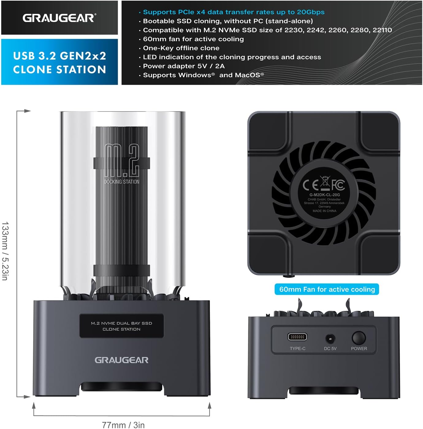 GRAUGEAR DM.2 Klone Station M.2 NVMe SSD mit Lufte
