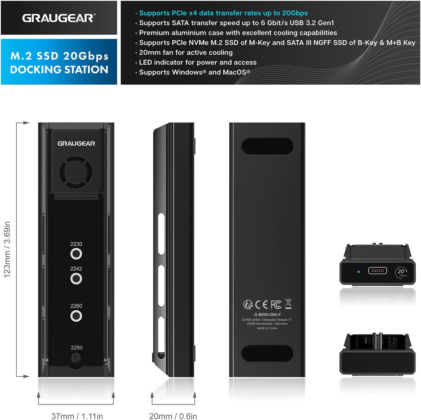 GRAUGEAR externe Docking M.2 NVMe/NGFF SSD mit Luf