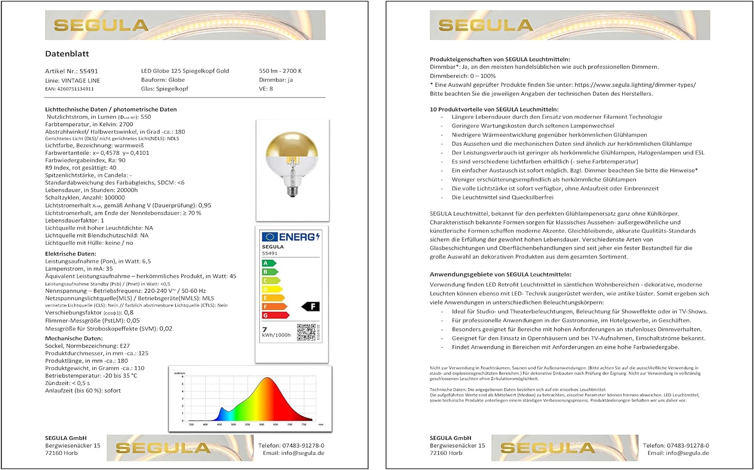 `SEGULA LED Globe 125 Spiegelkopf Gold E27 6,5W 270`