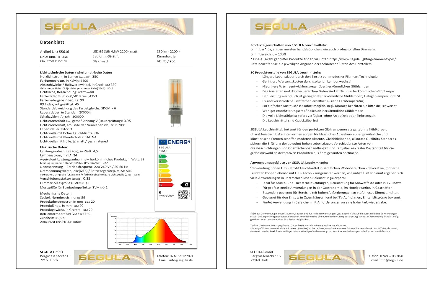Segula LED G9 Stift matt 4,5W 300Lm 2.200K dimmbar