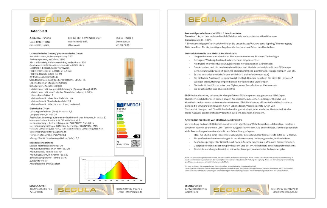 Segula LED G9 Stift matt 4,5W 300Lm 2.200K dimmbar