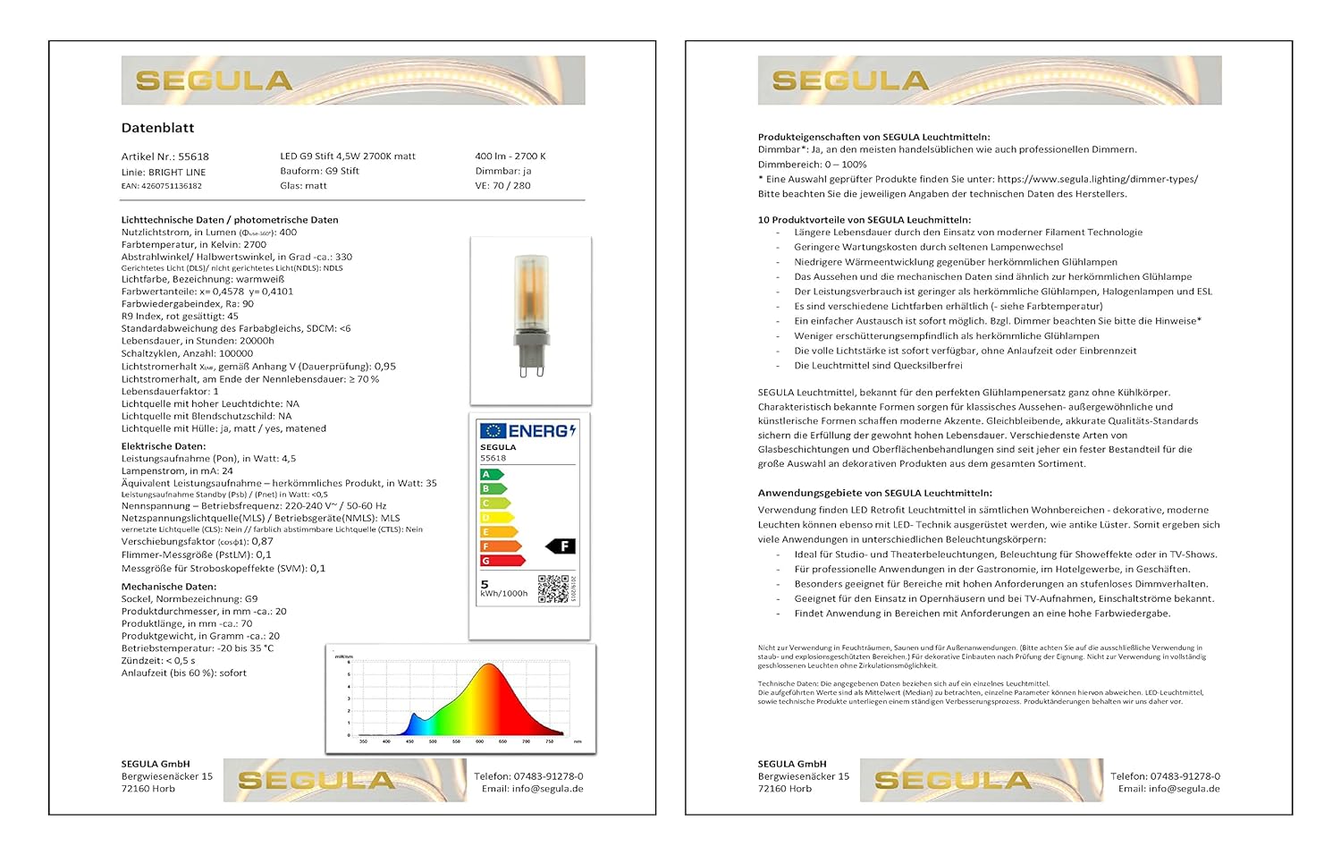 SEGULA LED G9 Stift matt 4,5W 400Lm 2700K dimmbar