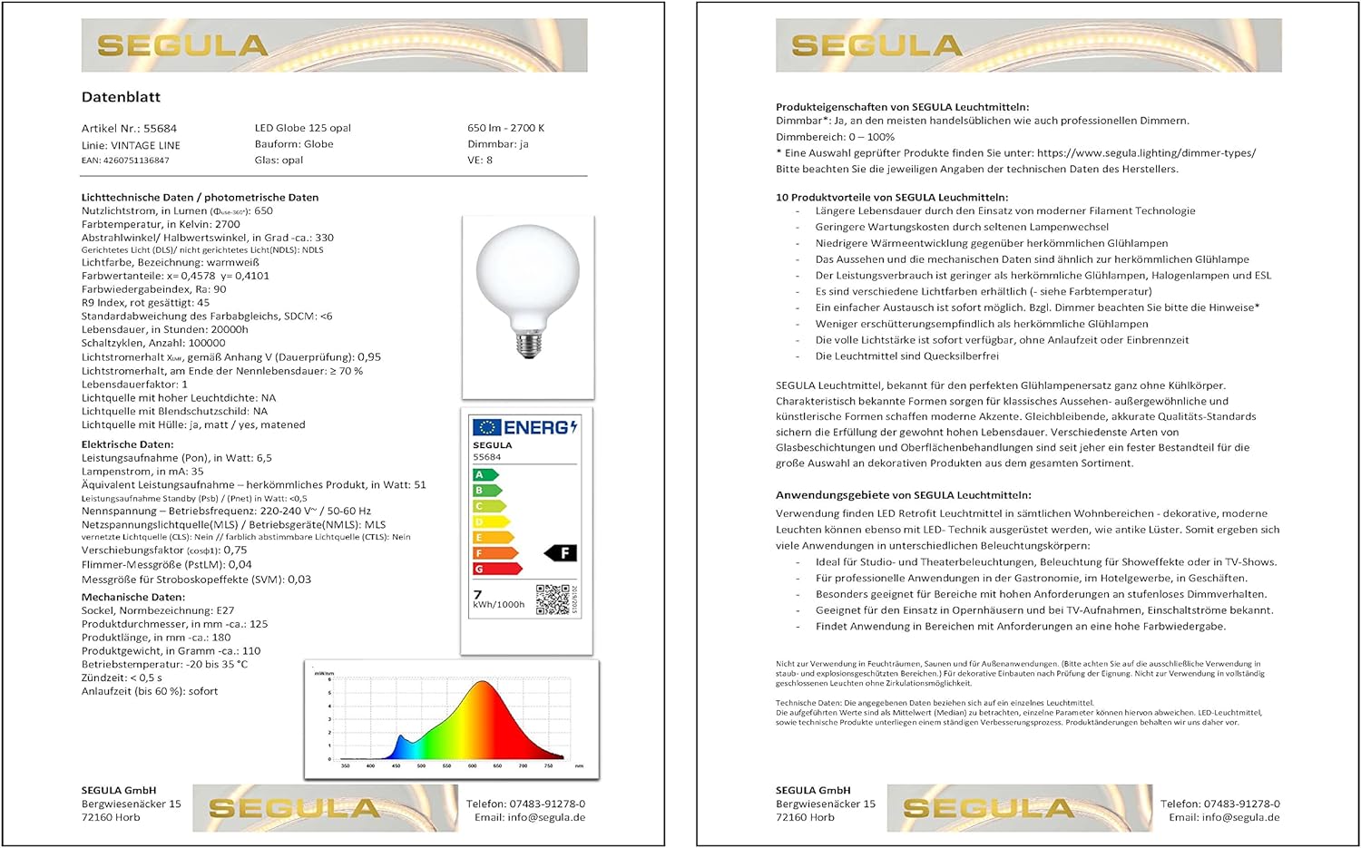 `Segula LED Globe 125 opal E27 6,5W 2700K dimmbar`