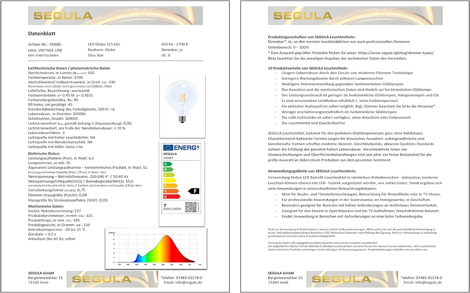 `Segula LED Globe 125 klar E27 6,5W 650Lm 2700K dim`