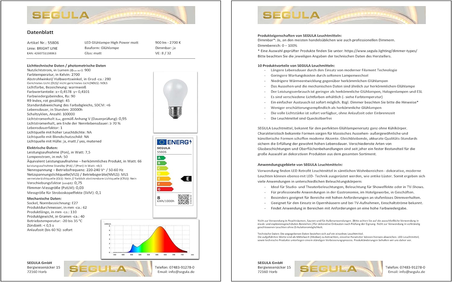 SEGULA LED Gluhlampe High Power matt E27 7,5W 2700