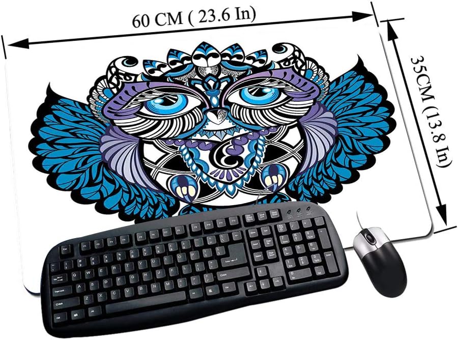 Gaming Mouse Mat, Rubber Base, Tribal, Owl, Bird, Animal with Paisley Tattoo Design with Large Eyelash, Desk Mat, Wipe-Clean, Non-Slip Mat, Multifunctional Office Mouse Mat, 60 x 35 cm