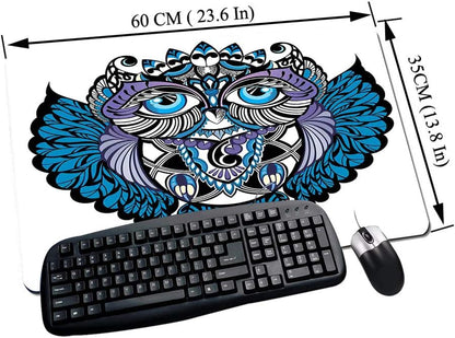 Gaming Mouse Mat, Rubber Base, Tribal, Owl, Bird, Animal with Paisley Tattoo Design with Large Eyelash, Desk Mat, Wipe-Clean, Non-Slip Mat, Multifunctional Office Mouse Mat, 60 x 35 cm