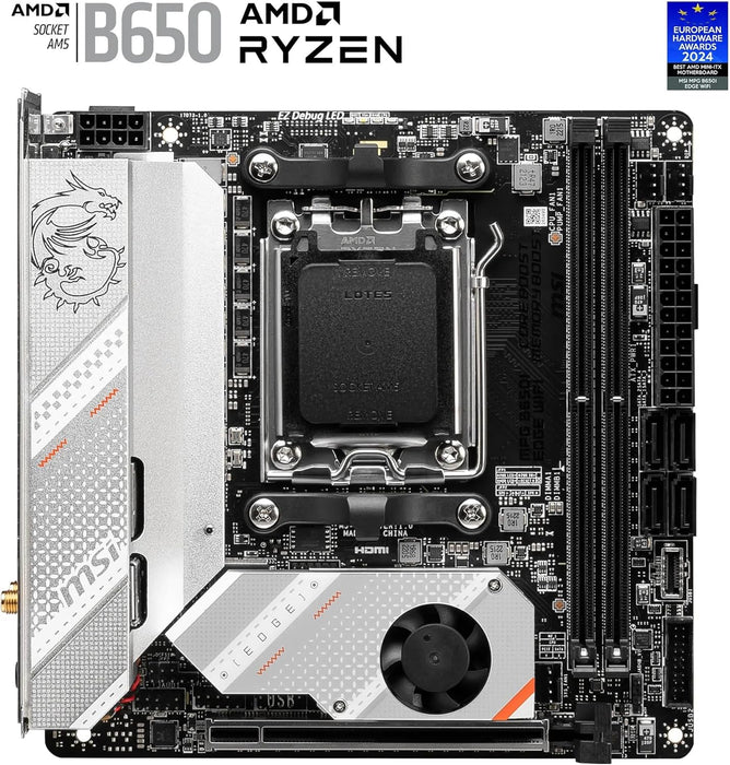 MSI MPG B650I EDGE WIFI Motherboard, Mini-ITX - Supports AMD Ryzen 9000 Series CPUs, AM5 - 8 phases direct CPU power 80A VRM, DDR5 Memory Boost 6600+MHz/OC, 1 x PCIe 4.0 x16, 2 x M.2 Gen4, Wi-Fi 6E