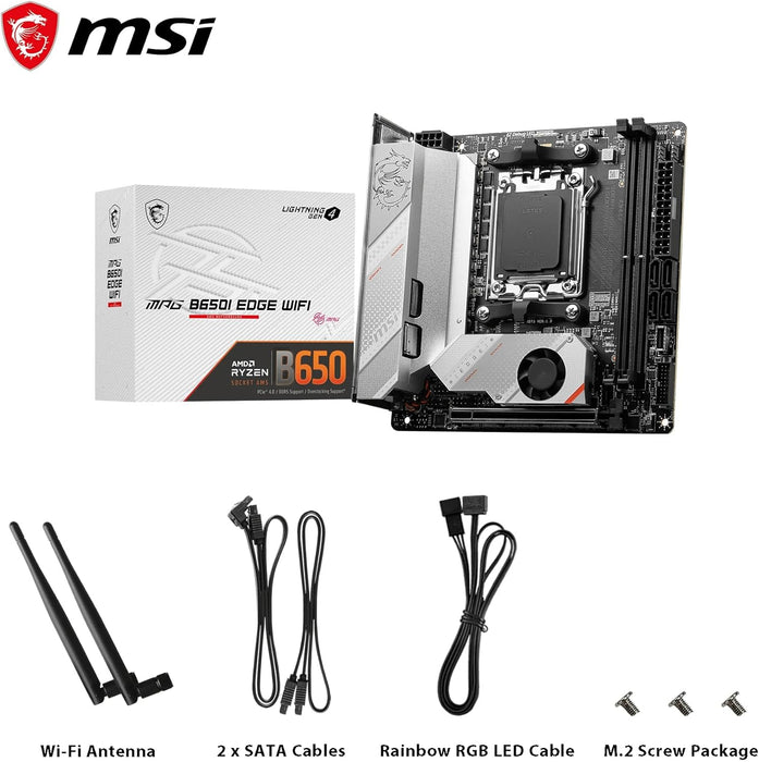 MSI MPG B650I EDGE WIFI Motherboard, Mini-ITX - Supports AMD Ryzen 9000 Series CPUs, AM5 - 8 phases direct CPU power 80A VRM, DDR5 Memory Boost 6600+MHz/OC, 1 x PCIe 4.0 x16, 2 x M.2 Gen4, Wi-Fi 6E
