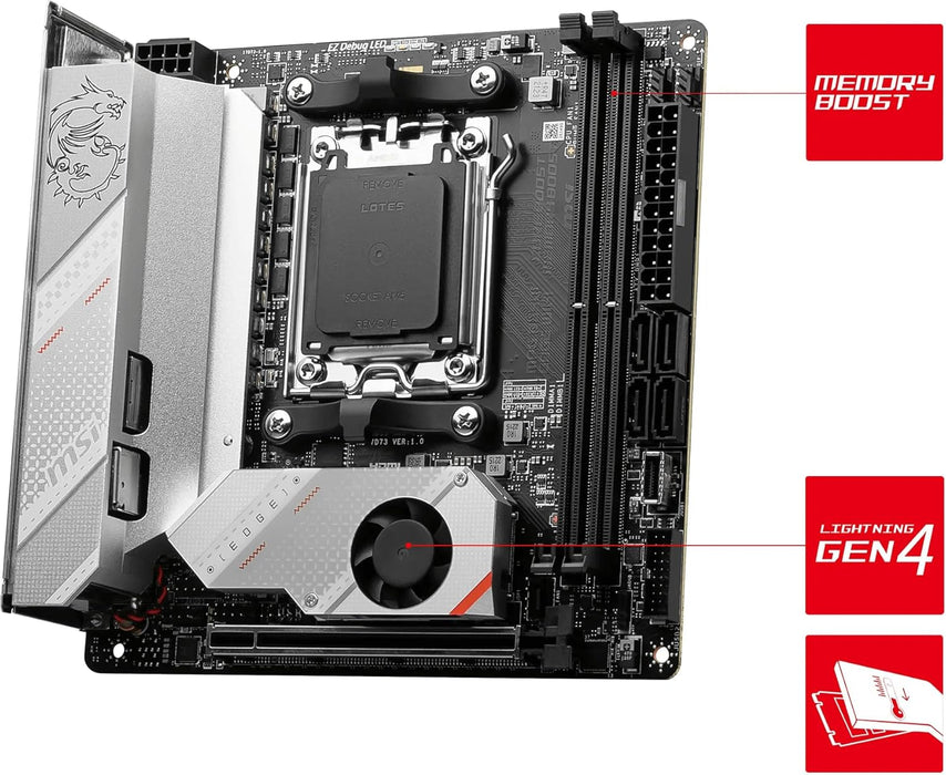 MSI MPG B650I EDGE WIFI Motherboard, Mini-ITX - Supports AMD Ryzen 9000 Series CPUs, AM5 - 8 phases direct CPU power 80A VRM, DDR5 Memory Boost 6600+MHz/OC, 1 x PCIe 4.0 x16, 2 x M.2 Gen4, Wi-Fi 6E