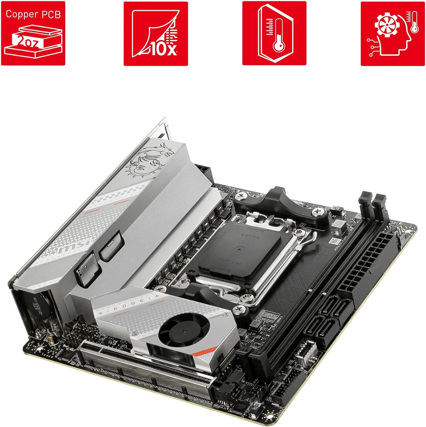 MSI MPG B650I EDGE WIFI Motherboard, Mini-ITX - Supports AMD Ryzen 9000 Series CPUs, AM5 - 8 phases direct CPU power 80A VRM, DDR5 Memory Boost 6600+MHz/OC, 1 x PCIe 4.0 x16, 2 x M.2 Gen4, Wi-Fi 6E