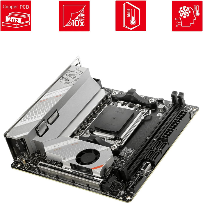 MSI MPG B650I EDGE WIFI Motherboard, Mini-ITX - Supports AMD Ryzen 9000 Series CPUs, AM5 - 8 phases direct CPU power 80A VRM, DDR5 Memory Boost 6600+MHz/OC, 1 x PCIe 4.0 x16, 2 x M.2 Gen4, Wi-Fi 6E