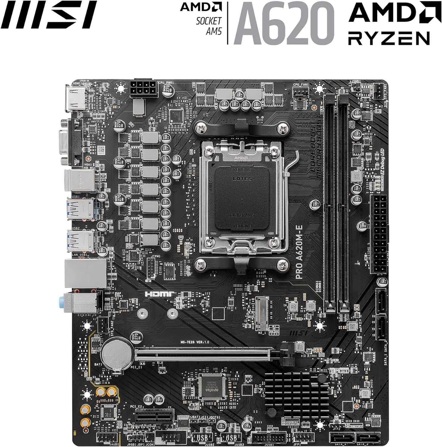 MSI PRO A620M-E Motherboard, Micro-ATX - Supports AMD Ryzen 7000 Series Processors, AM5 - DDR5 Memory Boost 6400+MHz/OC, 1 x PCIe 4.0 x16, 1 x M.2 Gen4