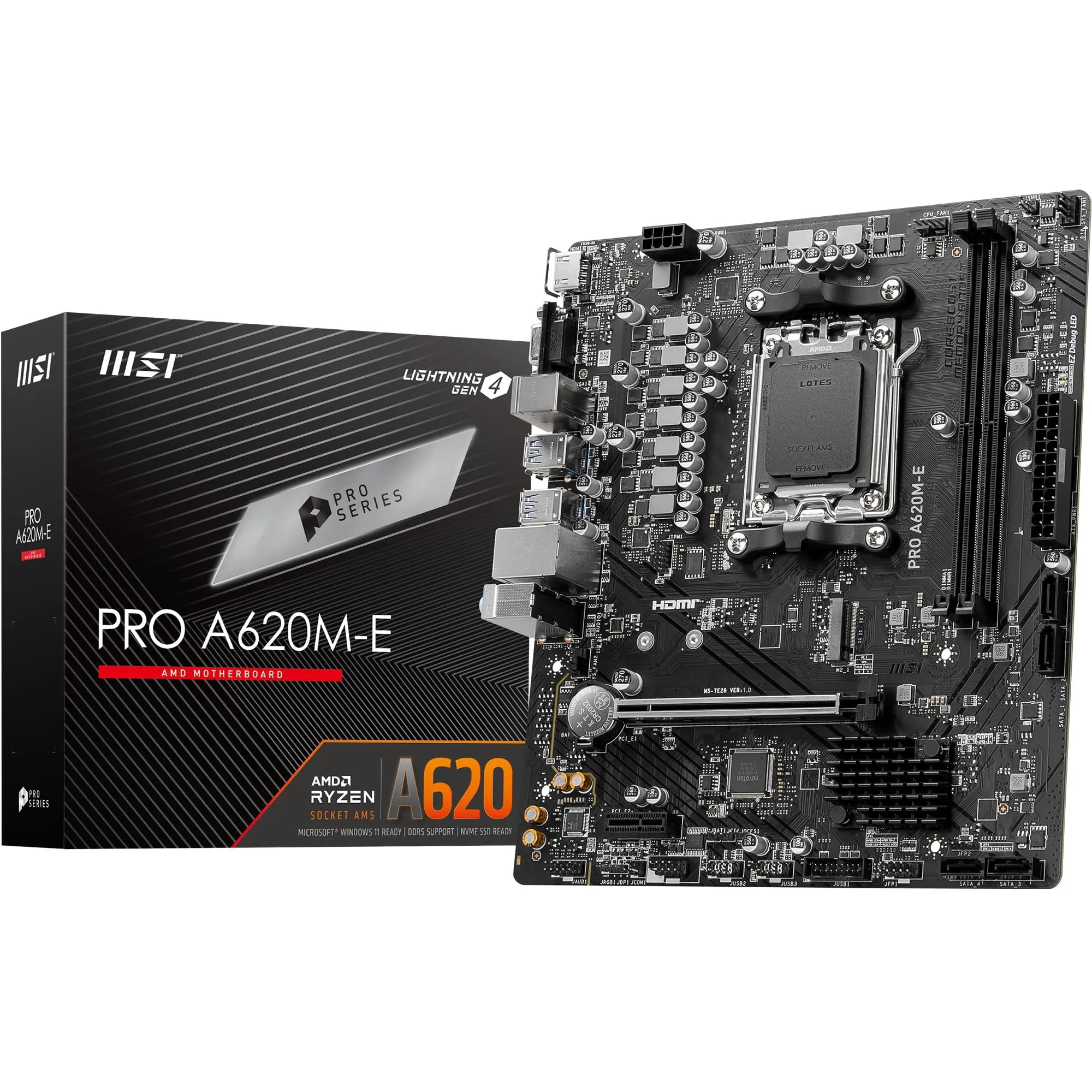 MSI PRO A620M-E Motherboard, Micro-ATX - Supports AMD Ryzen 7000 Series Processors, AM5 - DDR5 Memory Boost 6400+MHz/OC, 1 x PCIe 4.0 x16, 1 x M.2 Gen4