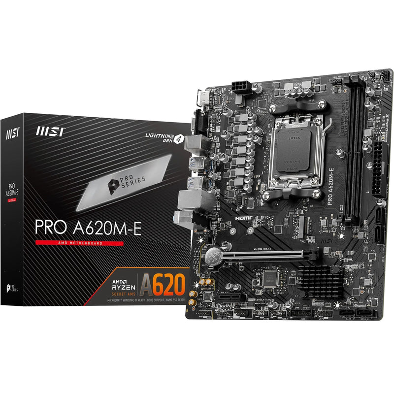 MSI PRO A620M-E Motherboard, Micro-ATX - Supports AMD Ryzen 7000 Series Processors, AM5 - DDR5 Memory Boost 6400+MHz/OC, 1 x PCIe 4.0 x16, 1 x M.2 Gen4