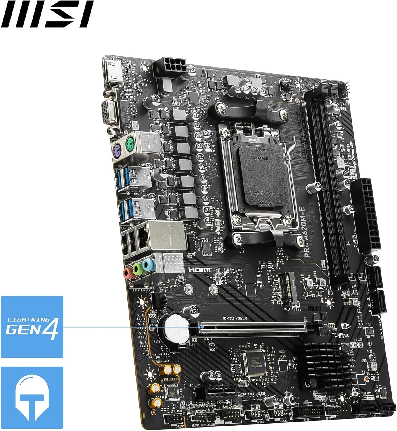 MSI PRO A620M-E Motherboard, Micro-ATX - Supports AMD Ryzen 7000 Series Processors, AM5 - DDR5 Memory Boost 6400+MHz/OC, 1 x PCIe 4.0 x16, 1 x M.2 Gen4