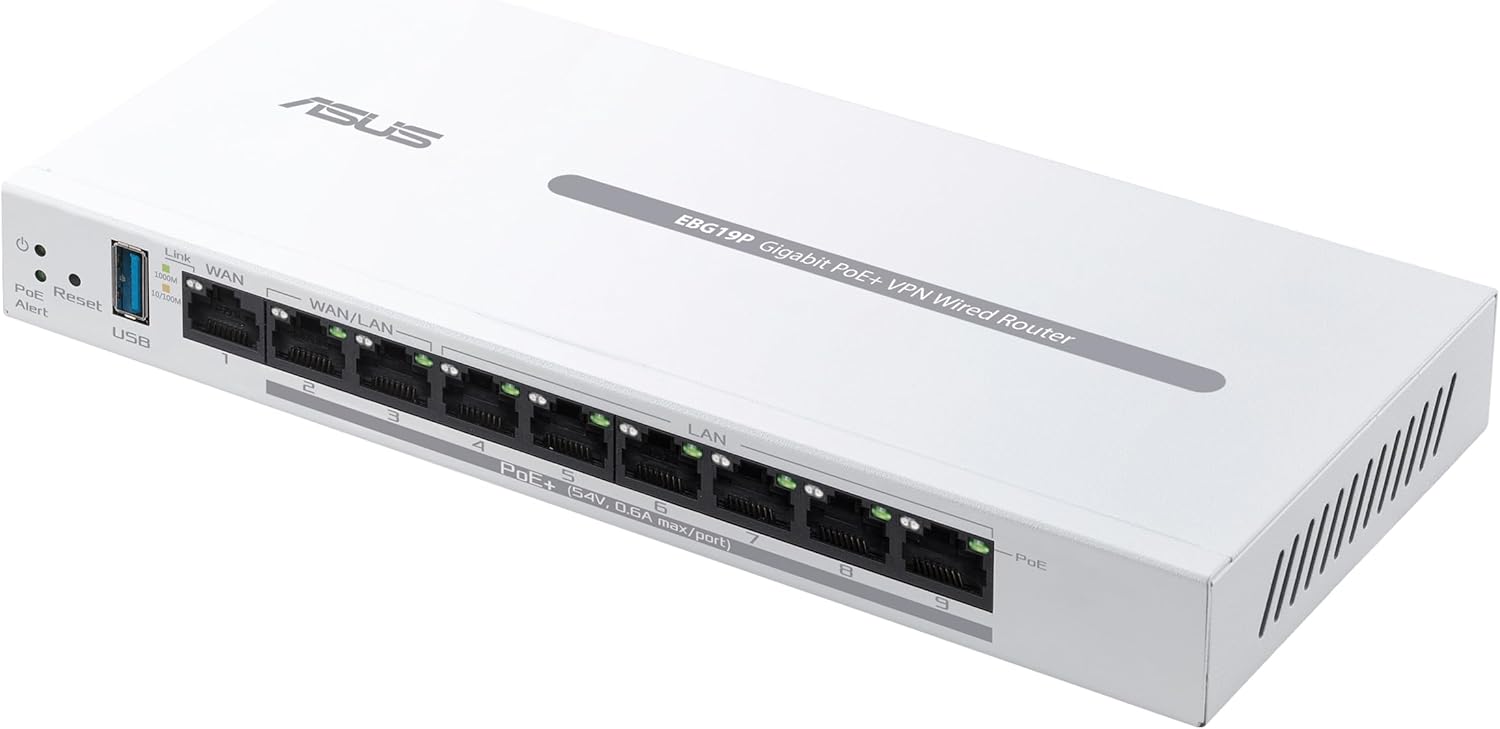 ASUS Expert WiFi EBG19P Gigabit PoE+ VPN kabelgebundener Router (8 PoE+ Ports, 123W, bis zu 3 WAN-Ethernet-Ports + 1 USB-WAN, kommerzielle Netzwerksicherheit, Verwaltung per ExpertWiFi-App