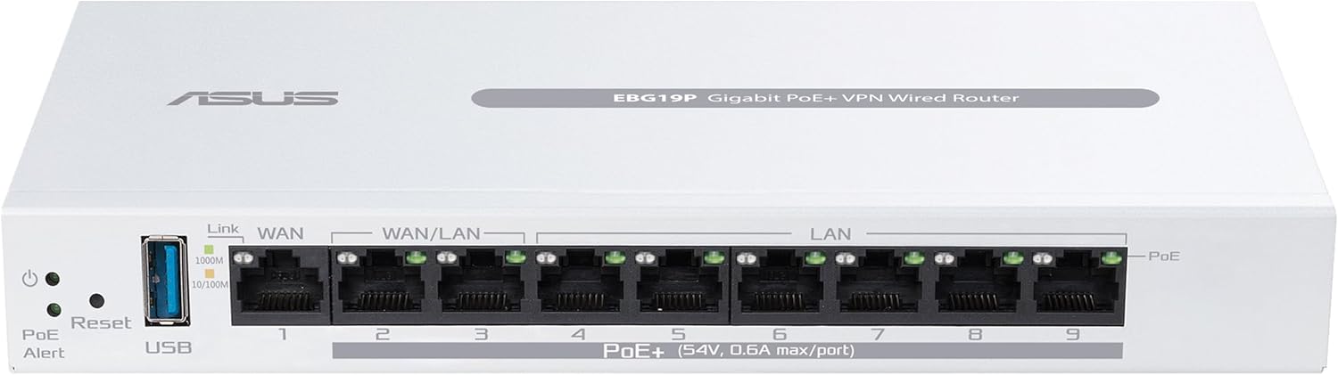 ASUS Expert WiFi EBG19P Gigabit PoE+ VPN kabelgebundener Router (8 PoE+ Ports, 123W, bis zu 3 WAN-Ethernet-Ports + 1 USB-WAN, kommerzielle Netzwerksicherheit, Verwaltung per ExpertWiFi-App