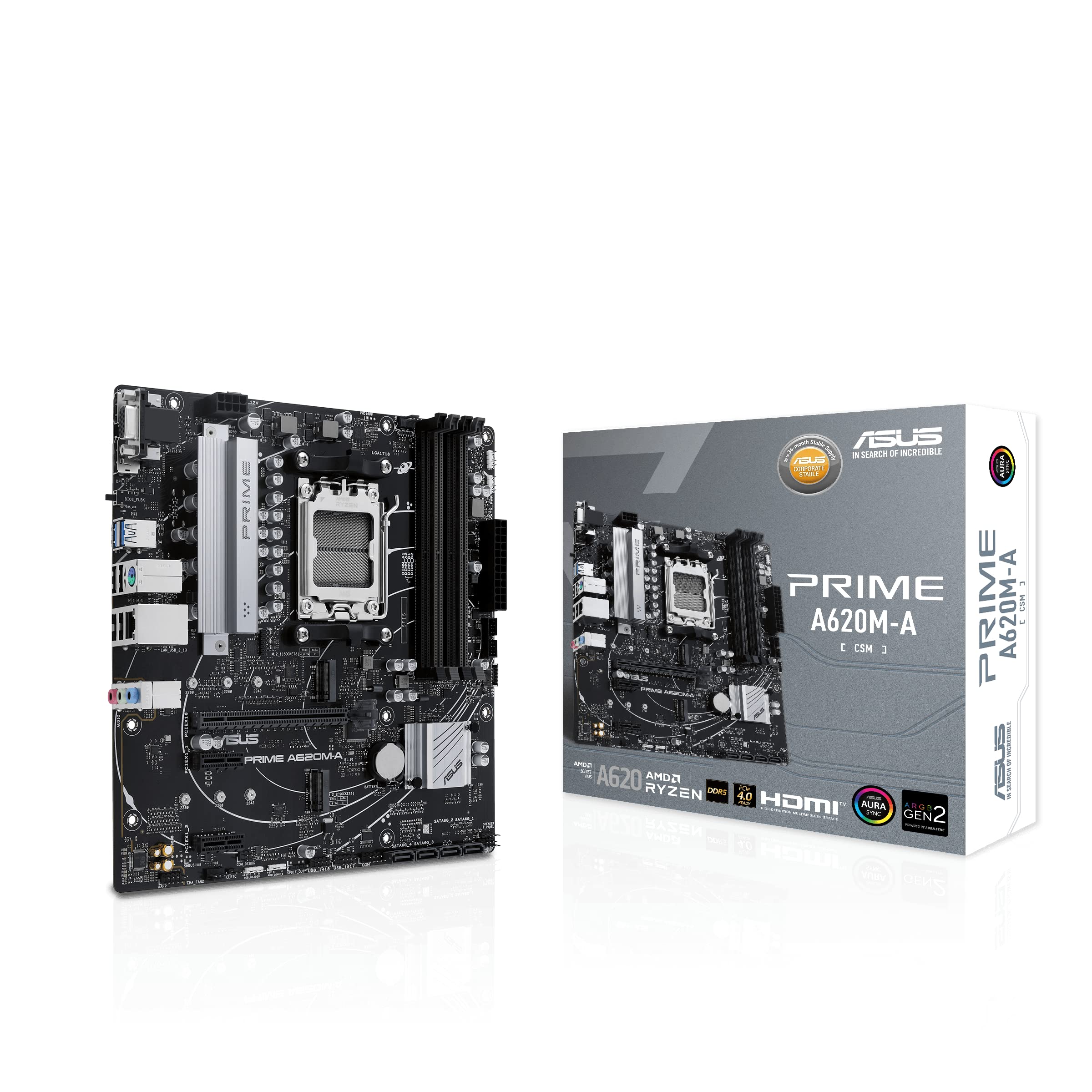 ASUS Prime A620M-A-CSM Mainboard Sockel AMD A620 (Ryzen 7000, micro-ATX, DDR5 Speicher, PCIe 4.0, BIOS Flashback, USB 3.2 Gen 2, Aura Sync