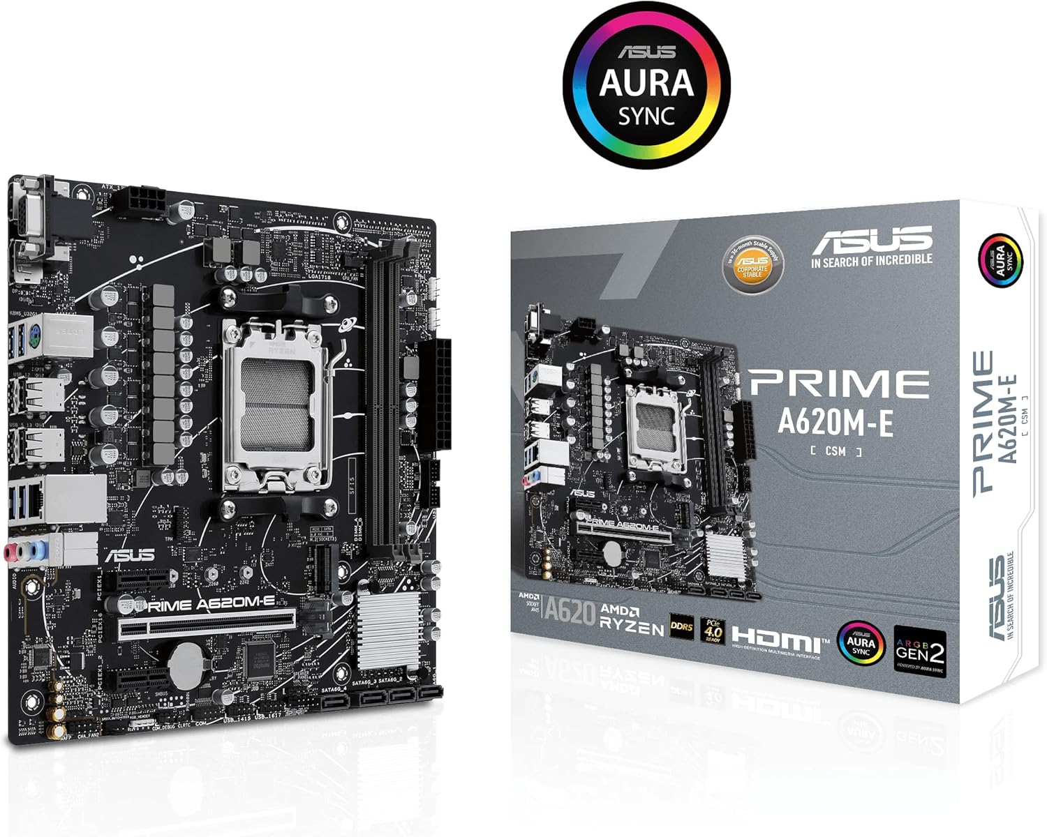ASUS Prime A620M-E-CSM Motherboard Socket AMD A620 (Ryzen 7000, Micro-ATX, DDR5 Memory, PCIe 4.0, BIOS Flashback, USB 3.2 Gen 2, Aura Sync