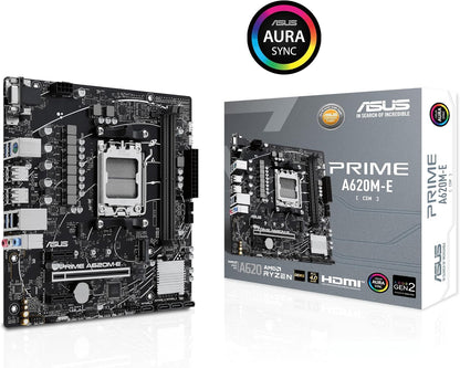 ASUS Prime A620M-E-CSM Motherboard Socket AMD A620 (Ryzen 7000, Micro-ATX, DDR5 Memory, PCIe 4.0, BIOS Flashback, USB 3.2 Gen 2, Aura Sync