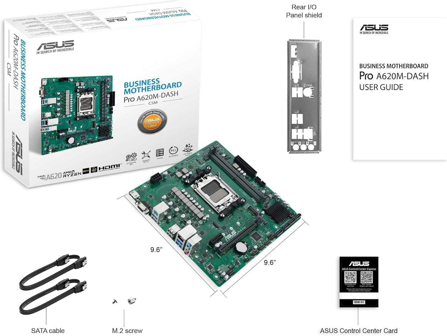 ASUS PRO A620M-DASH-CSM Business-Mainboard Sockel AMD AM5 (Micro-ATX, PCIe 4.0, 4X SATA 6Gbit/s, DDR5, Q-LED Core, COM-Debug Header