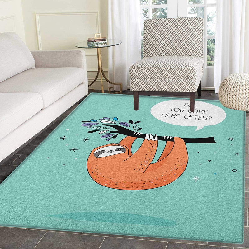 Animal Area Silky Smooth Rugs Cartoon Design Print Sloth with a Flirty Quote So You Come Here Often Color Image Floor Mat Pattern 4'x6' Multicolor