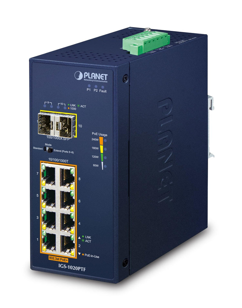 Planet IP30 Ind 8-P 10/100/1000T 802.3at PoE + 2-Port 100/1000X, IGS-1020PTF (802.3at PoE + 2-Port 100/1000X SFP Ethernet Switch)