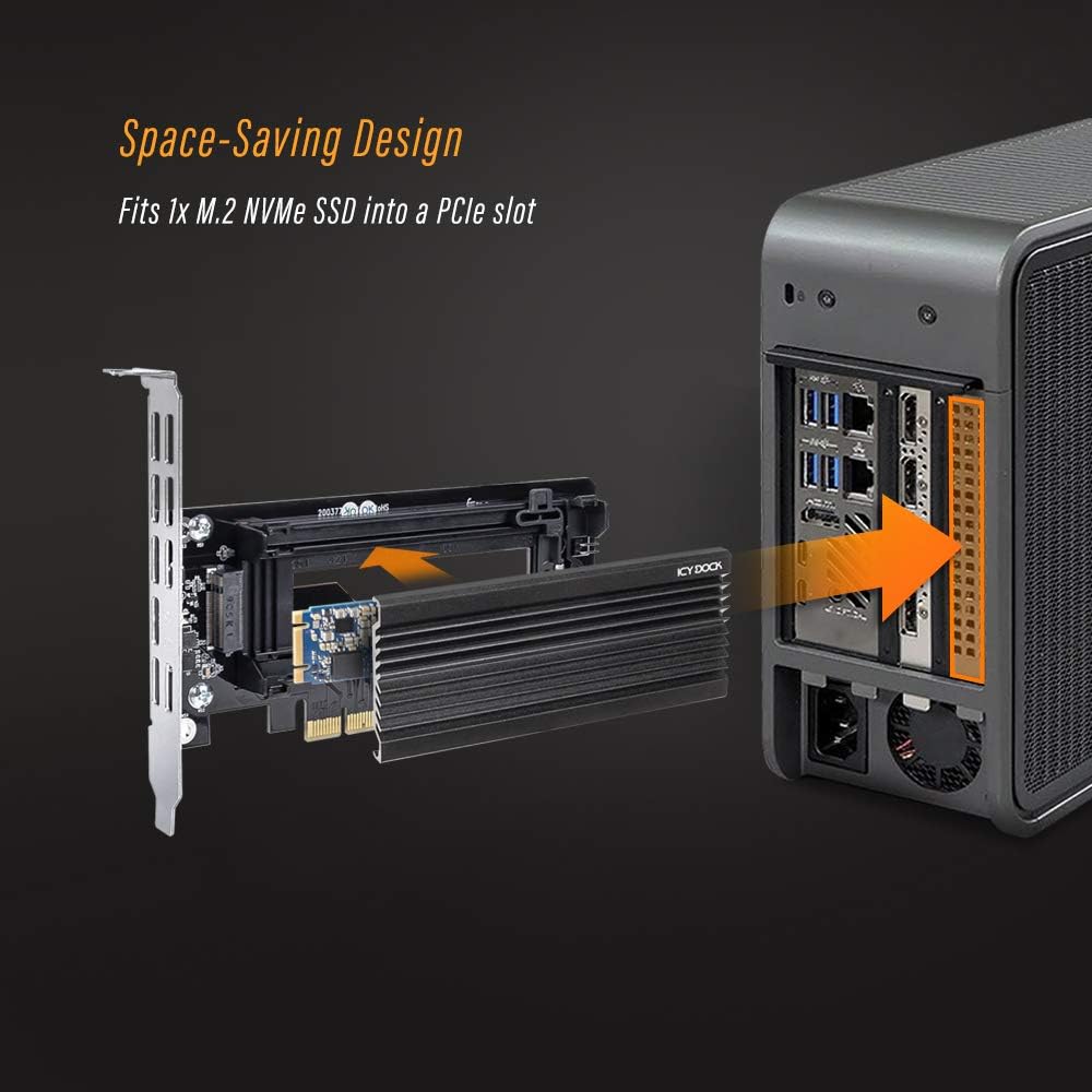 ICY DOCK EZConvert EX Pro MB987M2P-1B takes an M.2 NVMe PCIe SSD up to 110 mm in length in a PCIe 4.0 x4 slot - including slot bracket and heatsink, black