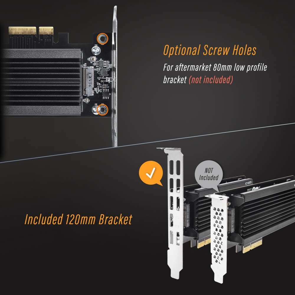 ICY DOCK EZConvert EX Pro MB987M2P-1B takes an M.2 NVMe PCIe SSD up to 110 mm in length in a PCIe 4.0 x4 slot - including slot bracket and heatsink, black