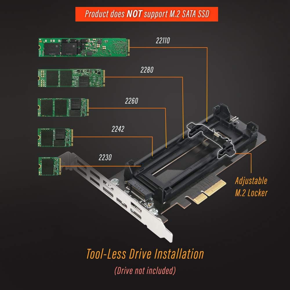 ICY DOCK EZConvert EX Pro MB987M2P-1B takes an M.2 NVMe PCIe SSD up to 110 mm in length in a PCIe 4.0 x4 slot - including slot bracket and heatsink, black