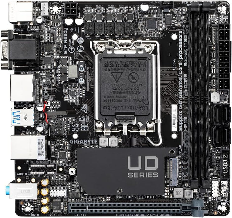 Gigabyte H610I Motherboard - Supports Intel Core 14th CPUs, 4+1+1 Hybrid Digital VRM, up to 5600MHz DDR5, 1xPCIe 3.0 M.2, GbE LAN, USB 3.2 Gen 1