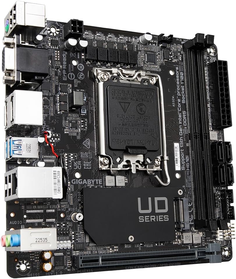 Gigabyte H610I Motherboard - Supports Intel Core 14th CPUs, 4+1+1 Hybrid Digital VRM, up to 5600MHz DDR5, 1xPCIe 3.0 M.2, GbE LAN, USB 3.2 Gen 1