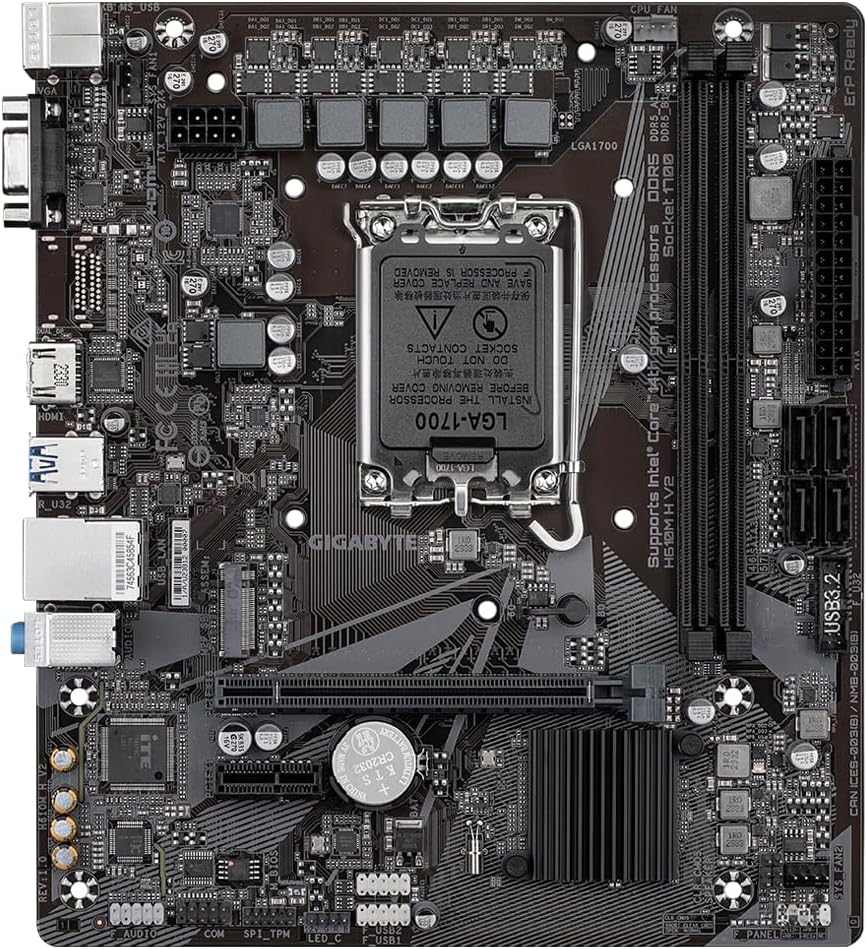 Gigabyte H610M H V2 Motherboard - Supports Intel Core 14th CPUs, 4+1+1 Hybrid Digital VRM, up to 5600MHz DDR5, 1xPCIe 3.0 M.2, GbE LAN, USB 3.2 Gen 1