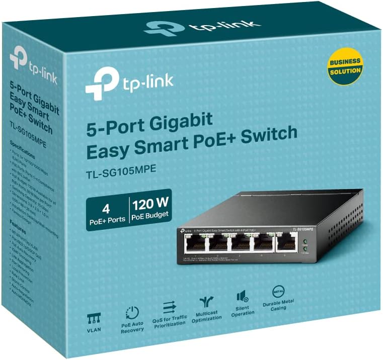 TP-Link TL-SG105MPE Switch PoE+ Gestito Gigabit Ethernet, 5 Porte Gigabit, 4 PoE+, VLAN, QoS, Easy Smart, 30W per Porta PoE, 120W su Tutte le Porte, 802.3af/at, Adatto per Casa, Ufficio, Plug&Play