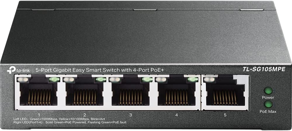 TP-Link TL-SG105MPE Switch PoE+ Gestito Gigabit Ethernet, 5 Porte Gigabit, 4 PoE+, VLAN, QoS, Easy Smart, 30W per Porta PoE, 120W su Tutte le Porte, 802.3af/at, Adatto per Casa, Ufficio, Plug&Play